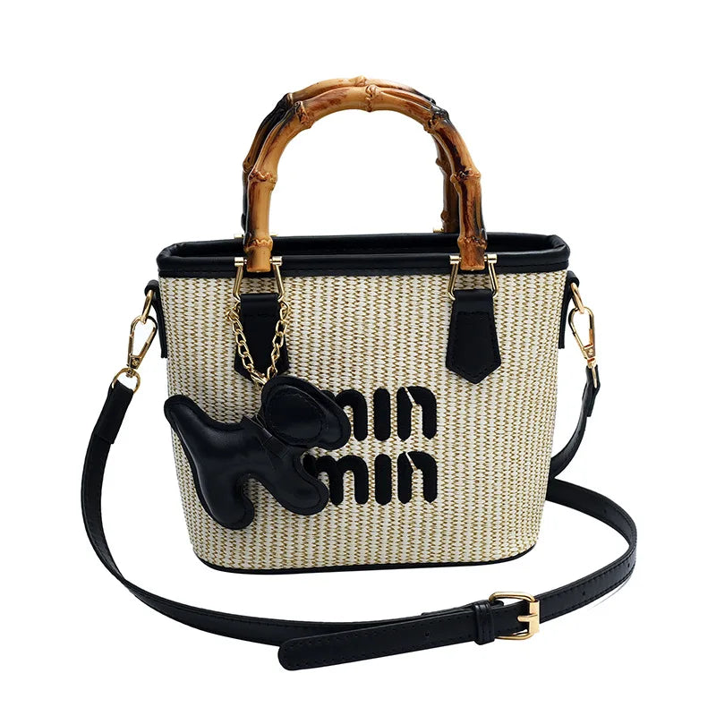 Women's Crossbody Bag Bamboo Fiber Woven Basket Bag Water Bucket Bag Zipper Closure, Versatile for Casual & Formal Occasions