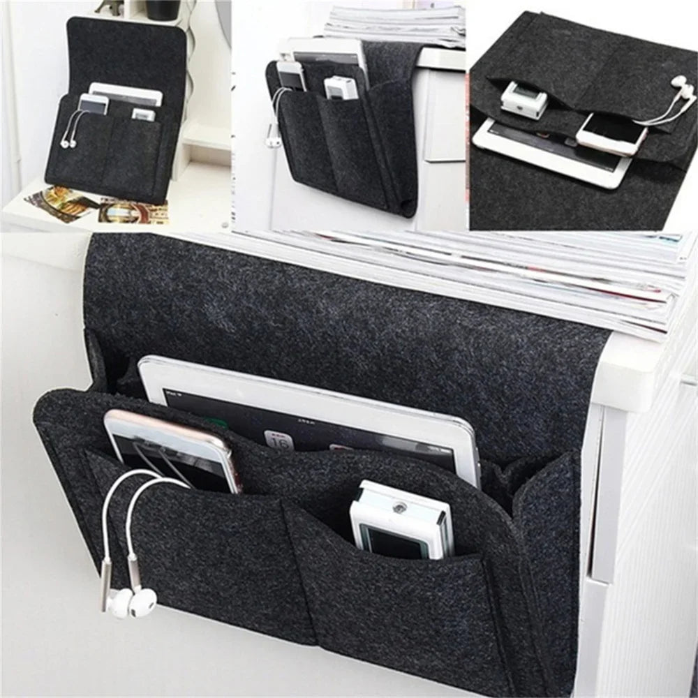 Hanging Storage Bag for Bed Sofa Side, Phone Book Magazine Holder Pockets, Baby Tissue Box, Felt Bedside Storage Organizer Pouch