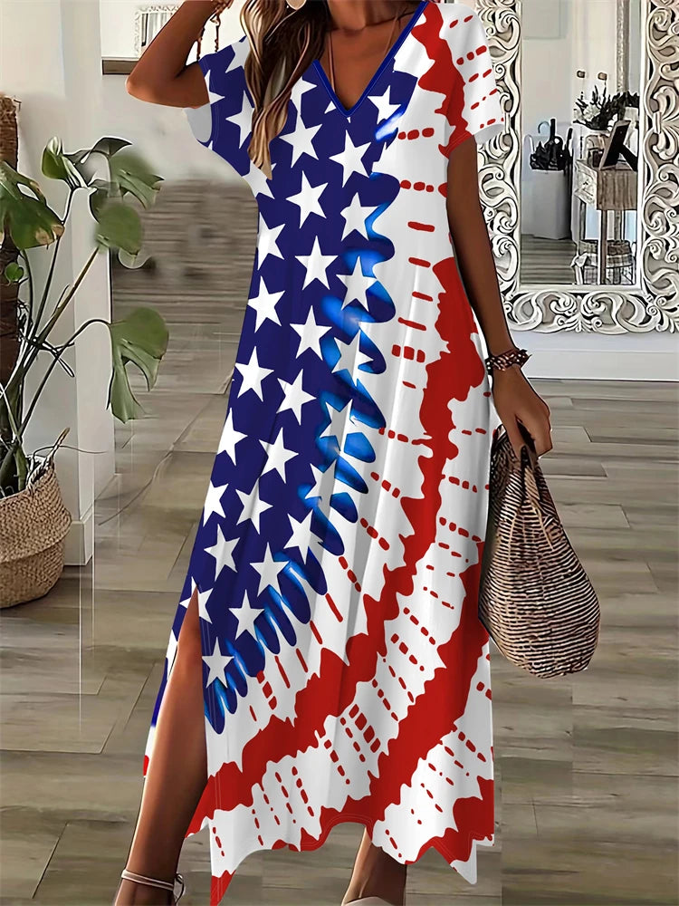 Simple Fashion Women's V-neck Dress Striped Print Women's Dress Summer Loose Comfortable Slit Women's Short-sleeved Dress