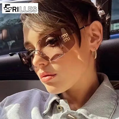 Curved One-Piece Sunglasses, Frameless Square Cut-Edge Design, UV400 Protection, Women's High-End Street Style