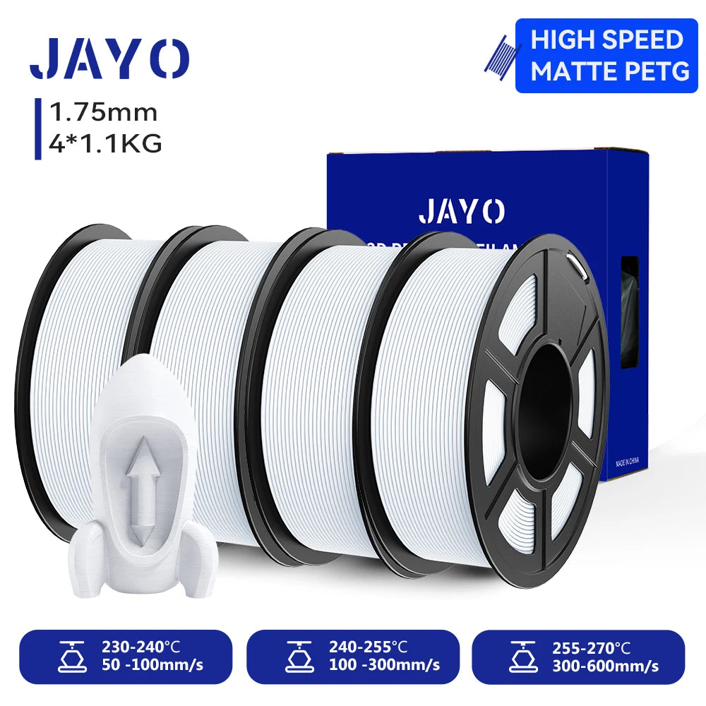 JAYO 4Rolls 3D High Speed Matte PETG 3D Filament 1.75mm 30mm/s - 600mm/s Print Range High Flow Speedy PETG 3D Printer Filament