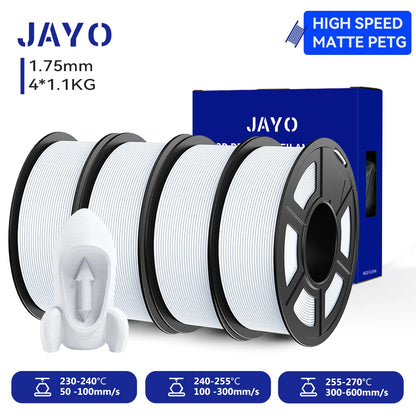 JAYO 4Rolls 3D High Speed Matte PETG 3D Filament 1.75mm 30mm/s - 600mm/s Print Range High Flow Speedy PETG 3D Printer Filament