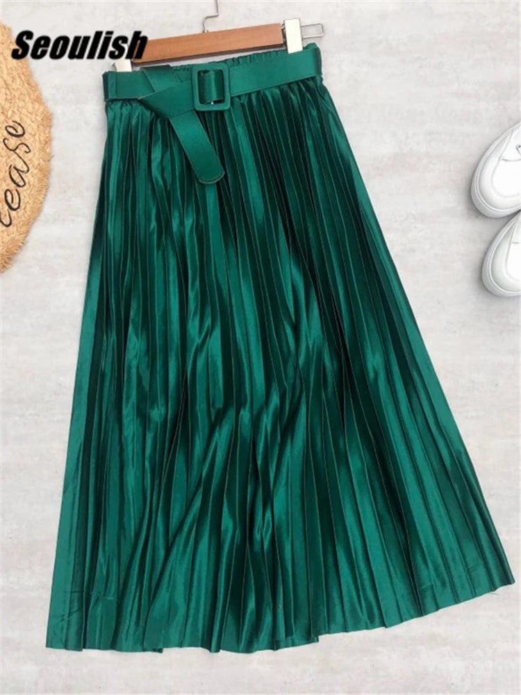 Seoulish 2025 New Solid Elegant Stain Women's Pleated Skirts with Belted High Waist Skirts Mi-long Umbrella Skirt Spring Summer