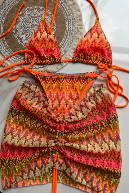 2025 Women Swimsuit Colored Maple Leaves Knitted Bikini Skirt Three-Piece Set Split Swimsuit Bikini