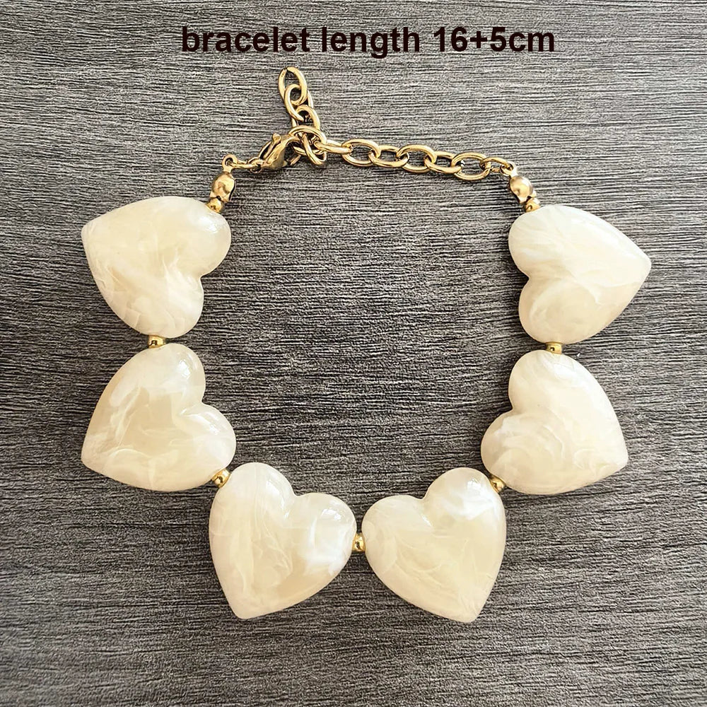 Big Love Heart Necklace Women Choker Statement Bracelet Gold Color Acrylic Beads Stainless Steel PVD Waterproof White Beige Red