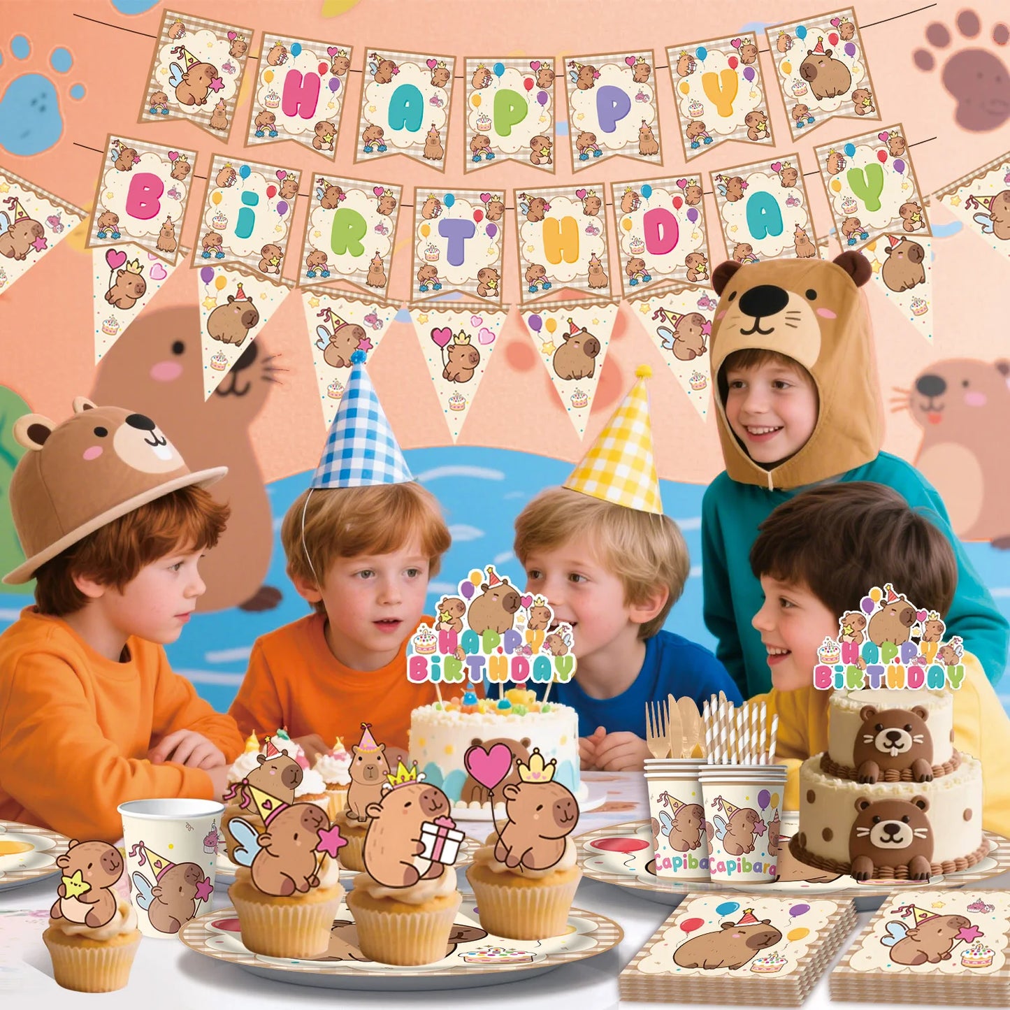 Cute Capybara Birthday Decorations Balloons Backdrop Tablecloth Stickers Cups Plates for Baby Shower Kids Event Party Supplies