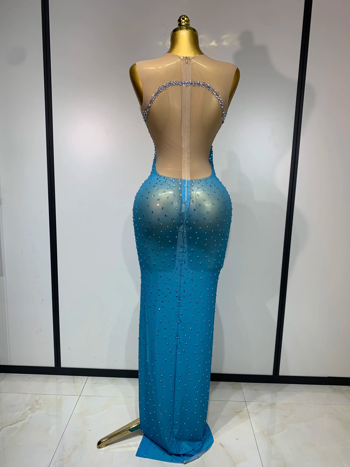Women Sexy Evening Party Gowns Sparkly Diamonds See Through Mesh Stretch Asymmetrical Dress Celebrity Elegant Singer Outfit