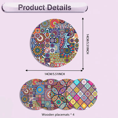 Set of 4 Mandala Wooden Placemats-Durable,Heat-Resistant, Non-Slip and Easy to Clean-Perfect for Home,Office, Party and Festival