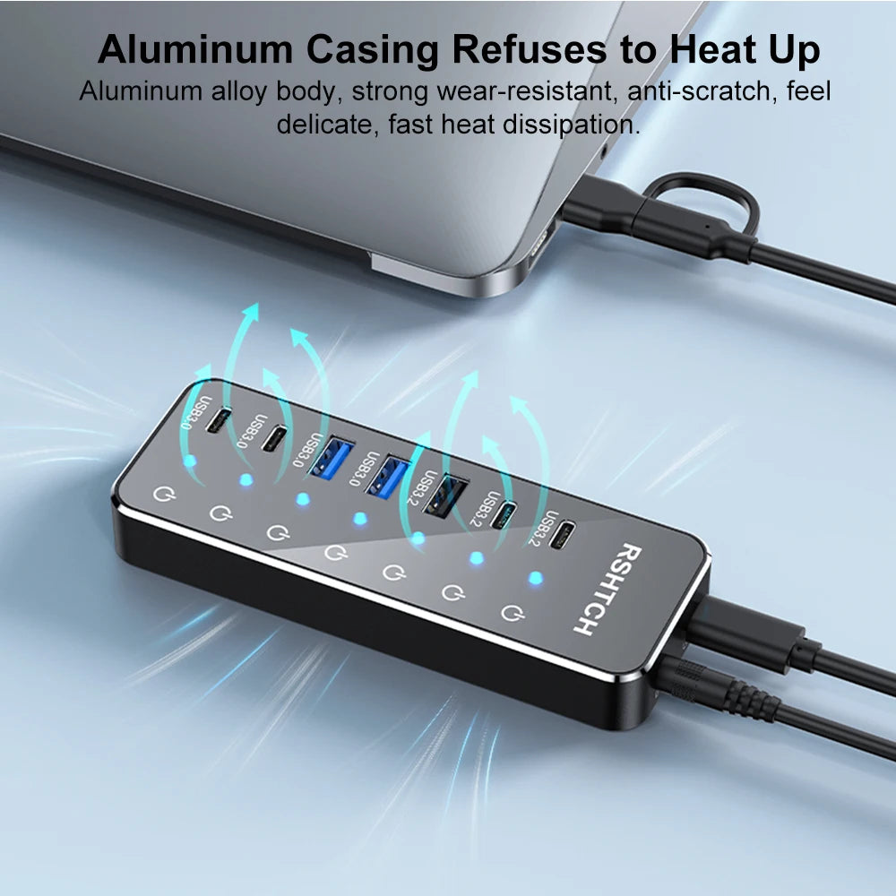 RSHTECH Powered 7 Port 10Gbps Data USB Hubs Individual On/Off  Touch Switches Splitter for Surface Windows PC Laptop Desktop