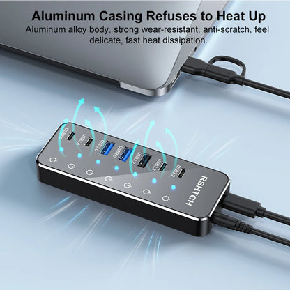 RSHTECH Powered 7 Port 10Gbps Data USB Hubs Individual On/Off  Touch Switches Splitter for Surface Windows PC Laptop Desktop