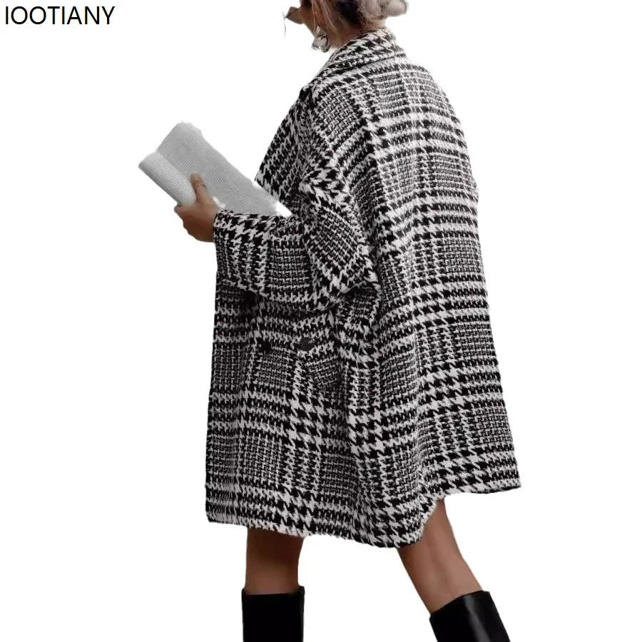 Autumn And Winter Thickened Loose Plaid Woolen Coat Women Houndstooth Pattern Overcoat Elegant Lapel Leisure Loose Jackets New