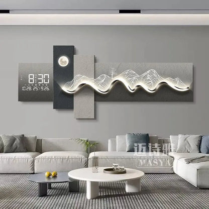 Modern Living Room Decoration Painting With Mountain Backed Led Clock Wall Lamp Painting Sofa Background Wall Hanging Painting