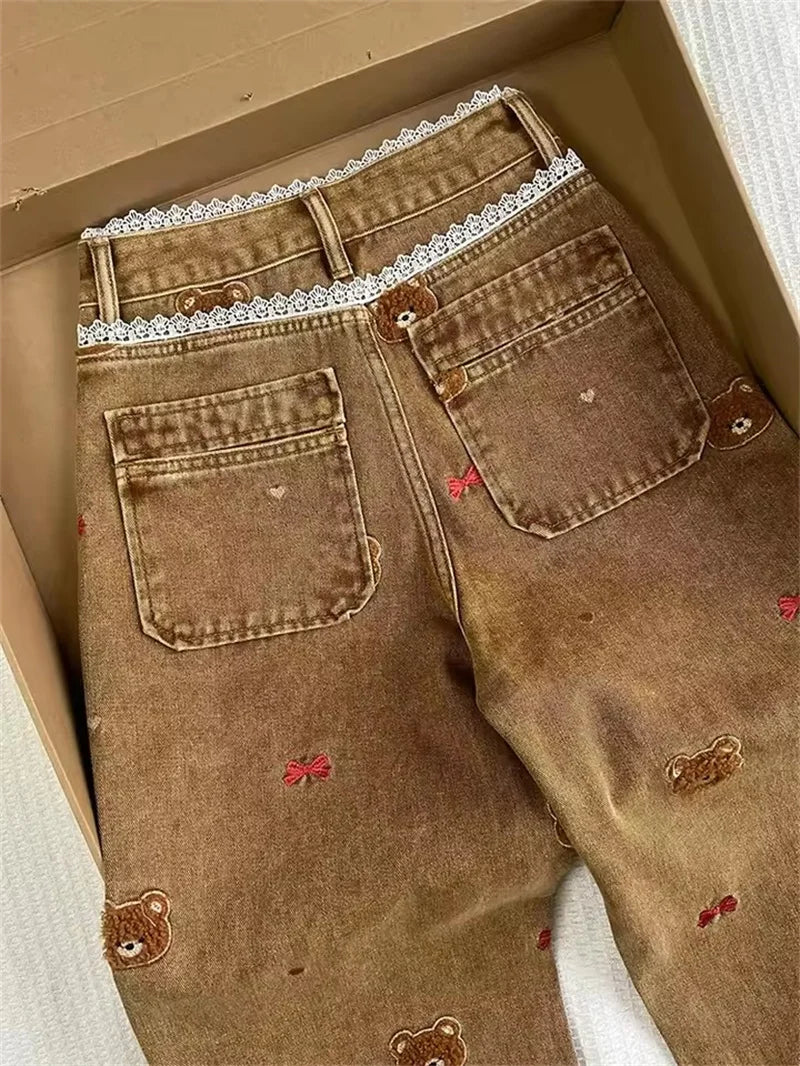 High Waist Patchwork Lace Straight Jeans Spring Embroidery Dog Denim Trousers Women Slim Pipe Pants Cowboy runway Ladies