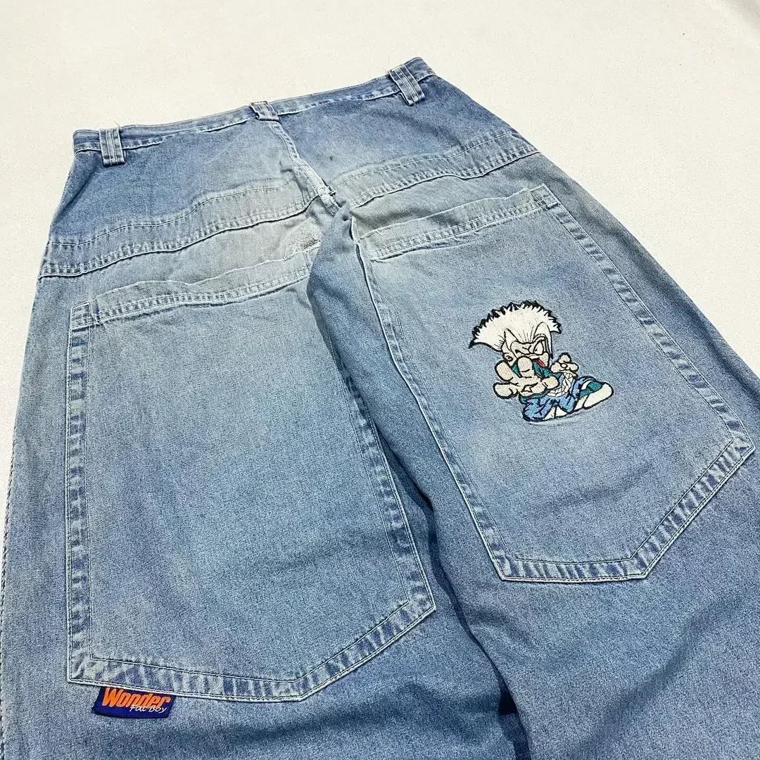 Y2K Baggy Jeans Women Cartoon Characters Embroidered Light Blue Washed Denim Jeans Harajuku Goth Skateboard Pants Street Clothes