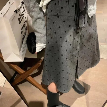 Fashion Wave Point Ruched Skirt For Women Y2k High Waist Mid-length Faldas Mujer 2025 Spring Autumn New Gray A-line Skirts