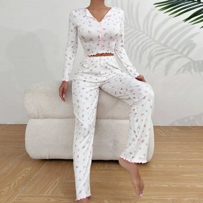 Women Sleepwear Autumn Winter Floral Print Pajamas Set Long Sleeve Top and Long Pants 2 Piece Casual Homewear Loungewear