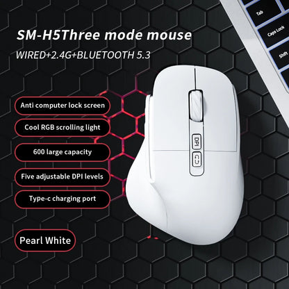 Lenovo 3 Mode Wireless Mouse Bluetooth 5.3+2.4G+Wired Ergonomic RGB Gaming Mouse with Macro Keys Rechargeable for Office Gaming
