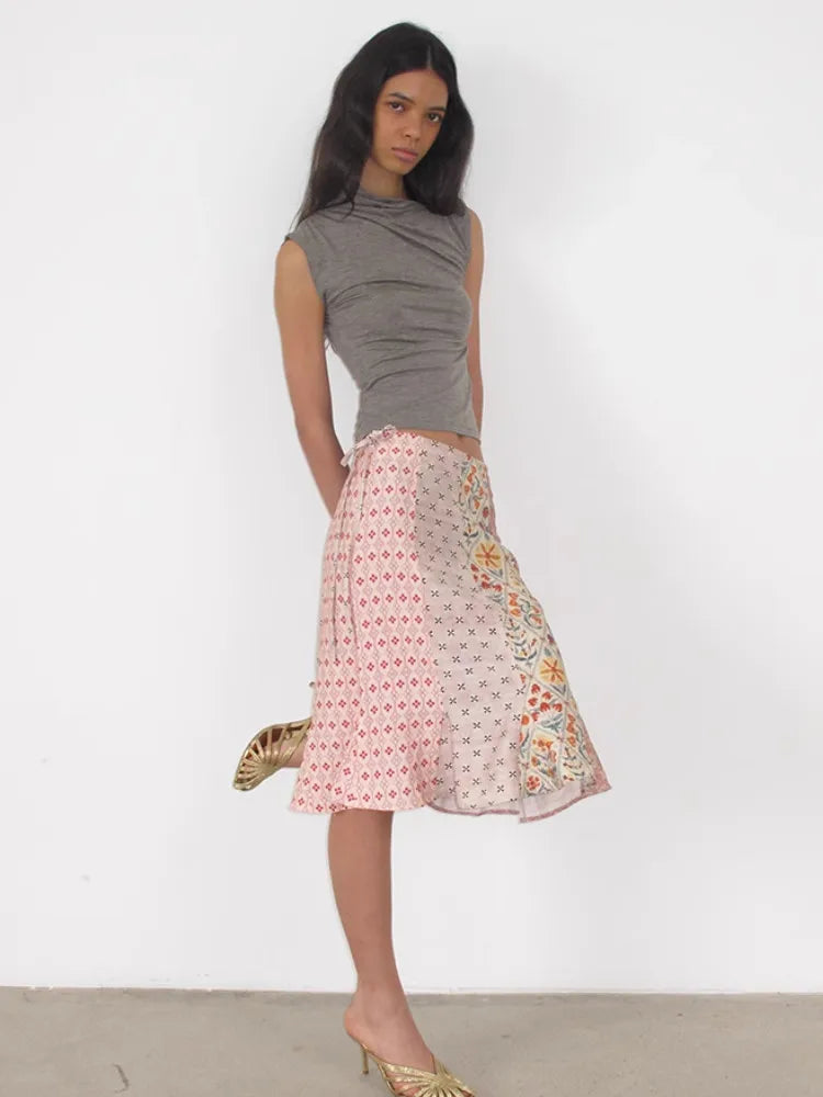 CHEERART Pink Patchwrok Floral Mermaid Skirt For Woman Summer 2025 Knee Length Ladies Fashion Bottoms Designer Clothing