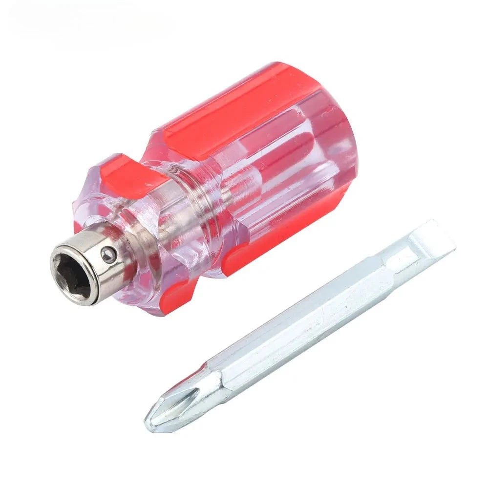 Small Pocket Screwdriver with PH2 Phillips Cross Head and 6mm Slotted Flat Head, Reversible Stubby Short Screwdriver