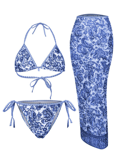 2025 New Flower Print Bikini Set Women's High Waist Long Skirt 3 Piece Swimsuit Sexy Mini Triangle Backless Thong Bathing Suit