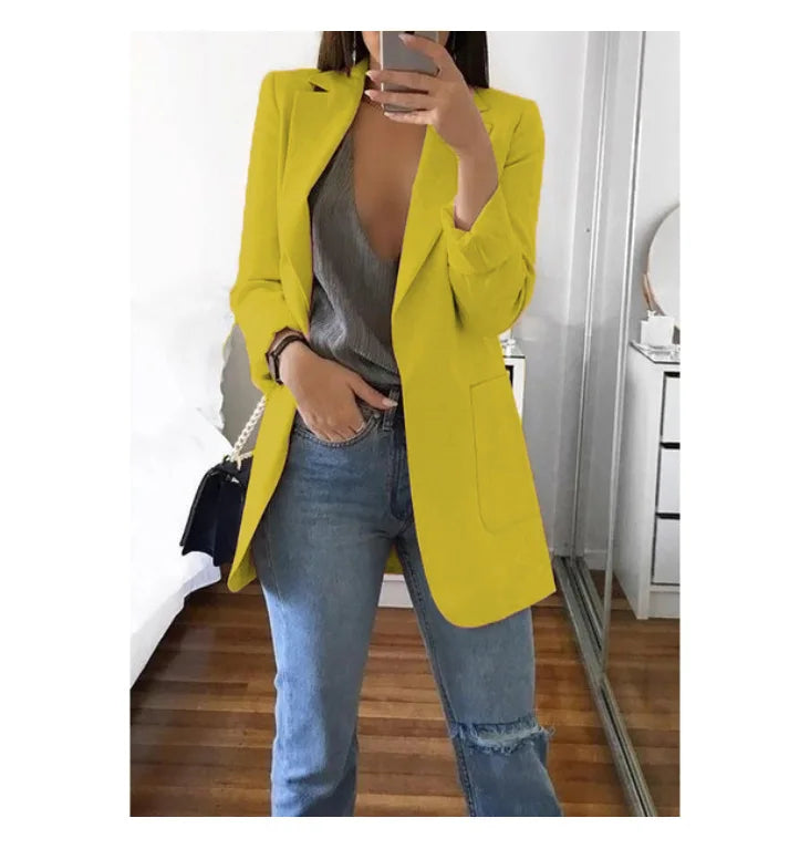 Autumn And Winter Women's Fashion Solid Color Polo Neck Slim Fit Coat Elegant Women's Long Sleeve Pocket Casual Suit Coat S-3XL