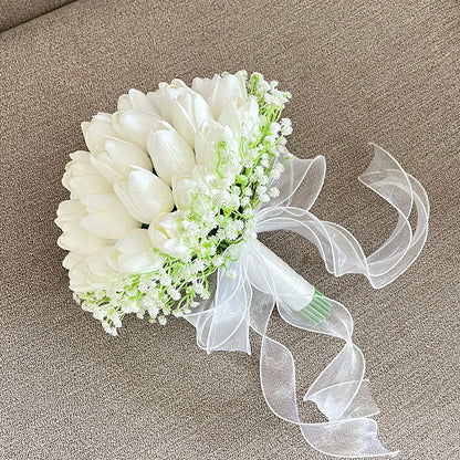 Bride Bouquet Wedding Flowers Bridal Bridesmaids PU Tulip Baby's Breath Artificial Flowers Table Centerpieces Prom Accessories