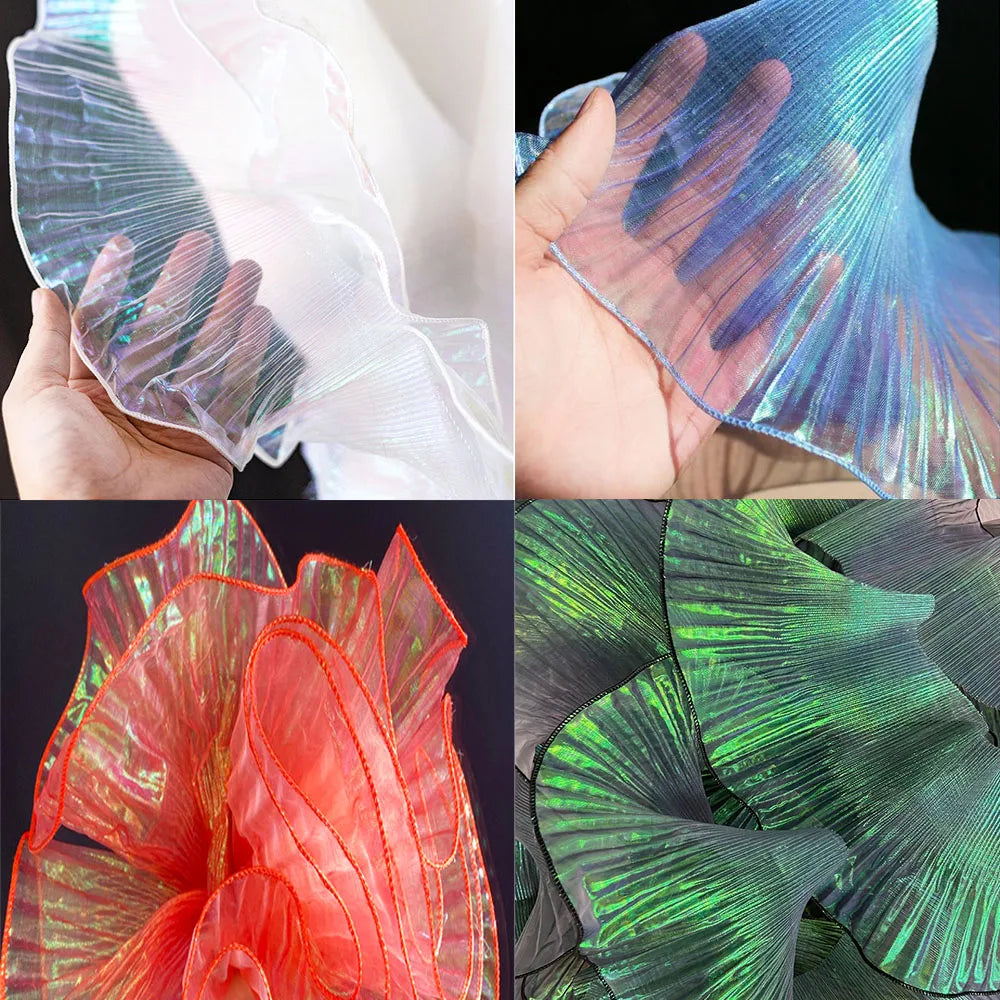 Lace Trim Organza Fabric Mermaid Ruffled Transparent Iridescent Laser Pleated for Patchwork Skirts Wedding Sewing Costume Supply