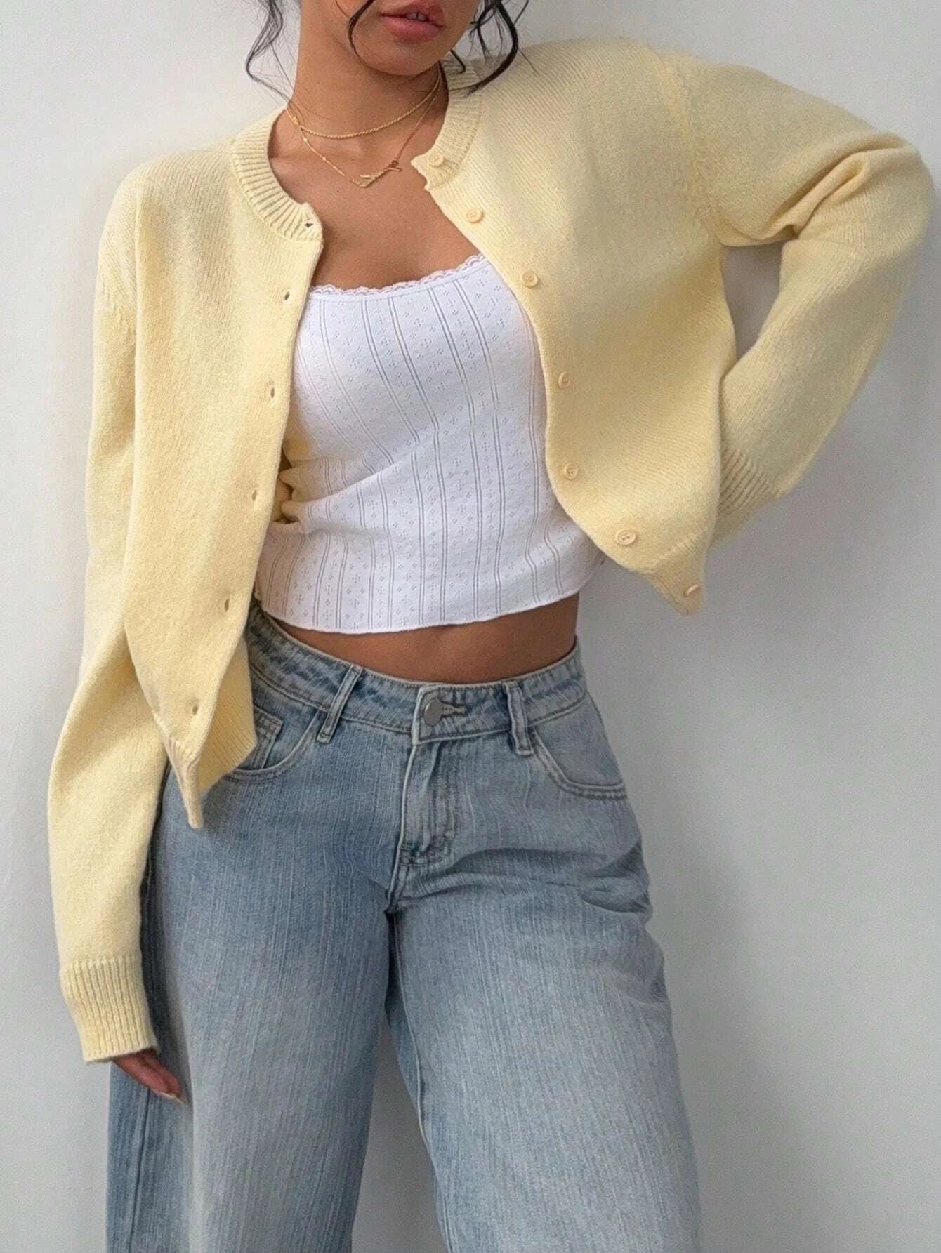 Women's Casual Solid Color Round Neck Long Sleeve Loose Cropped Top Single-breasted Sweater Cardigan Streetwear Autumn/Winter