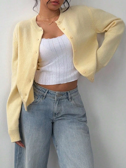 Women's Casual Solid Color Round Neck Long Sleeve Loose Cropped Top Single-breasted Sweater Cardigan Streetwear Autumn/Winter