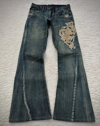Retro Shallow Water Washing High-bright Lines Thorn Art Embroidery Pattern Y2K Blue Jeans Women's Personalized Micro-flare Pants