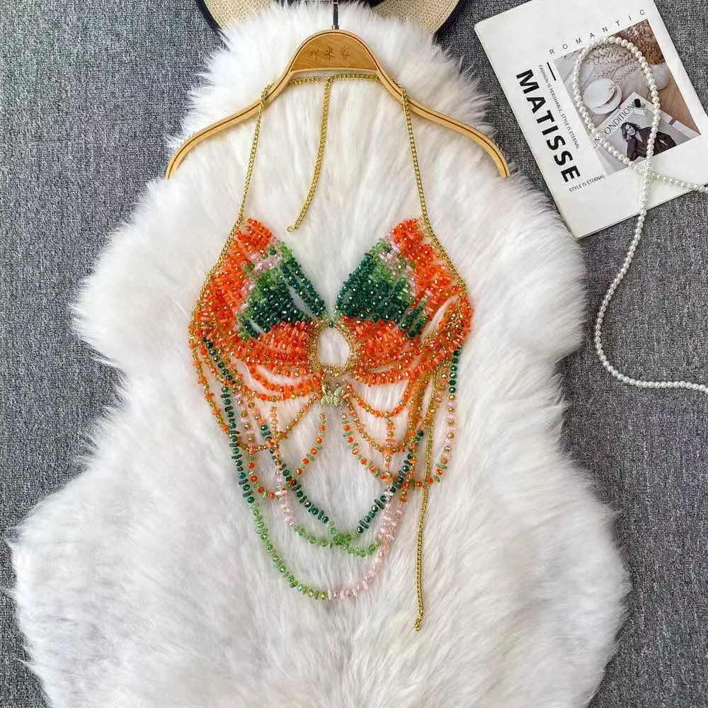 2025 New Women's Necklace Beaded Vest Hollow Out Top Jewelry Exaggerated Pearls Neck Bra Fashion Bra Women's Club Carnival
