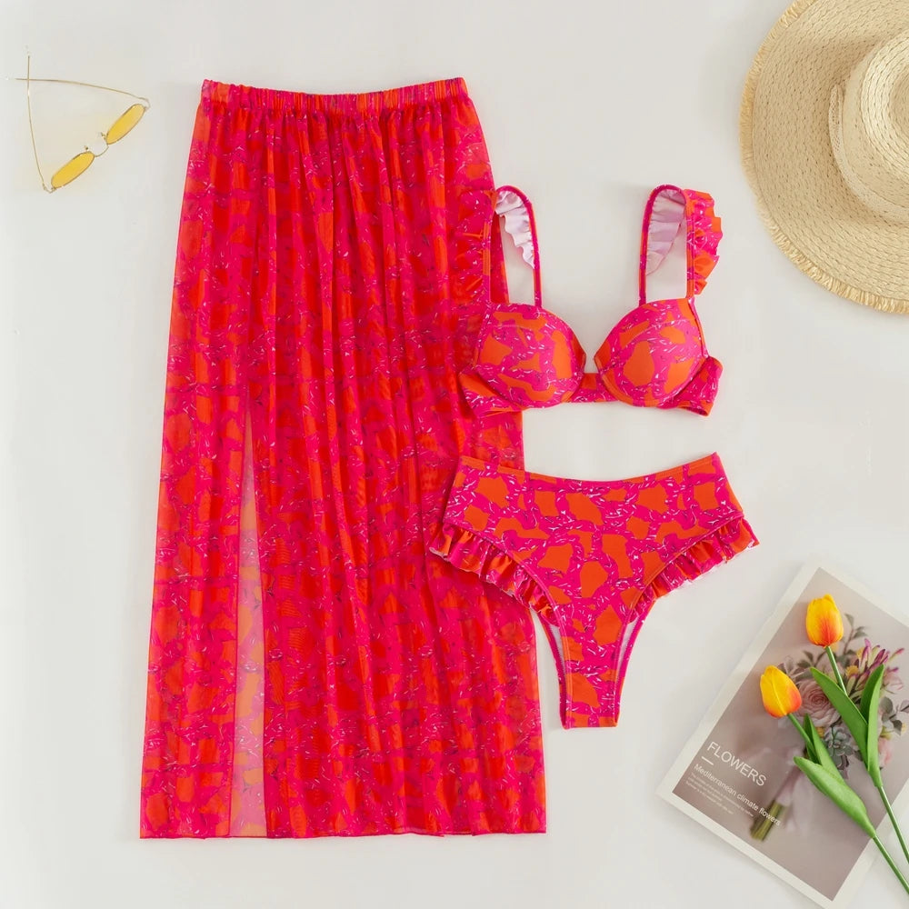 CPUTAN Sexy 2024 Push Up Bikini Set High Waist 3 Piece Swimwear Biquini Swimsuit Vintage Brazilian Bathing Suit Beach Skirt