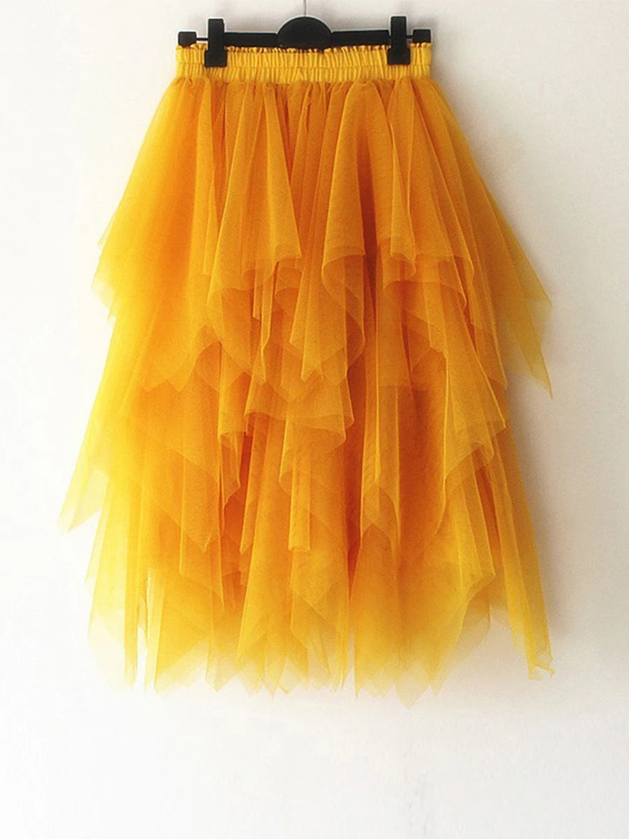 Women's Irregular Tulle Skirts Casual High Waist Solid Color Mesh Skirts Layered Skirts