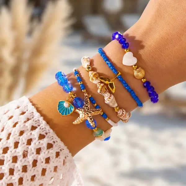 Cute Coral Starfish Shell Multi-Layer Bracelet for Women Ocean Series Fashion Stackable Beaded Jewelry Accessories