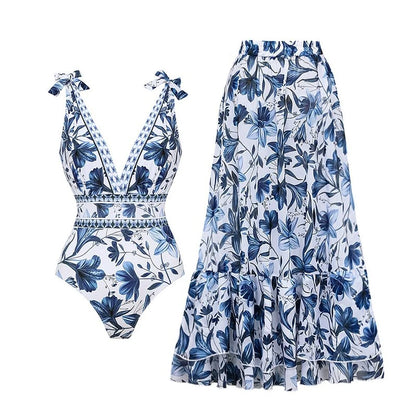 Flaxmaker Summer New Women Sexy Hawaiian Lace Up V Neck Ruffle Swimsuit and Sarong Women Swimwear Set Push Up Bathing Suit