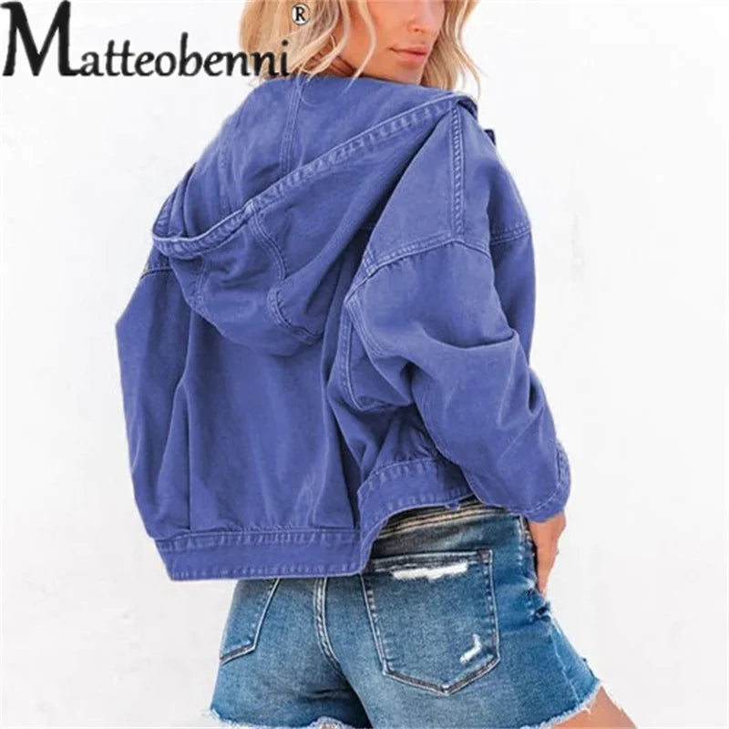 Autumn Winter Drawstring Hooded Denim Jackets Women Loose Long Sleeve Outerwear Female Single-breasted Splice Pocket Short Coats
