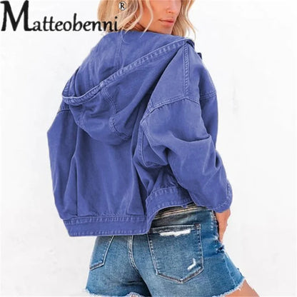 Autumn Winter Drawstring Hooded Denim Jackets Women Loose Long Sleeve Outerwear Female Single-breasted Splice Pocket Short Coats