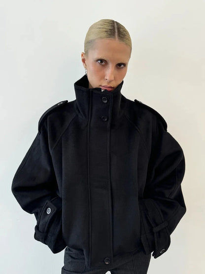 Elegant Solid Women Woolen Long Coats Loose Lapel Double-breasted Full Sleeve Shoulder Pads Overcoat 2026 Spring New Outerwears