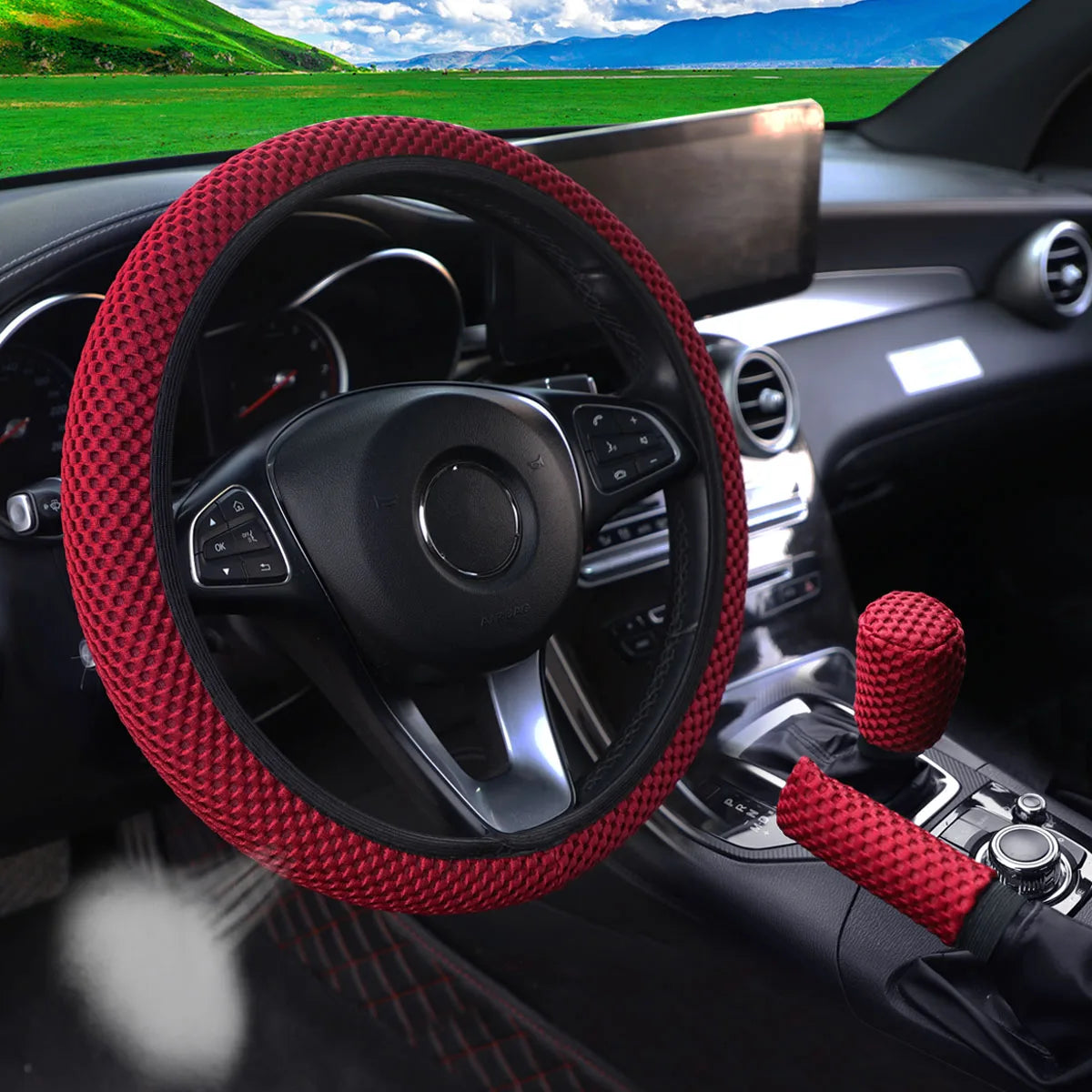 Three-piece three-dimensional breathable massage net car non-slip steering wheel cover, handbrake cover, gearshift cover
