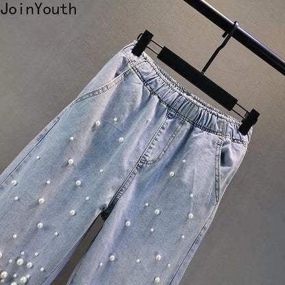 Korean Jeans Woman Streetwear Fashion Denim Harem Pants 2025 New Bottoms Elastic Waist Beading Casual Vintage Y2k Pantalon Femme