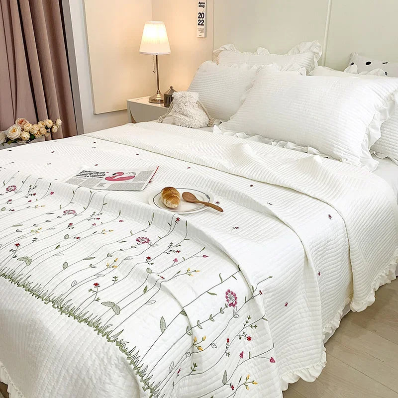 Ruffles Flowers Embroidery Spring Summer Quilt 1/3/4 Pcs Set Princess Quilted Bedspread Air-conditioning Blanket Comforter Duvet