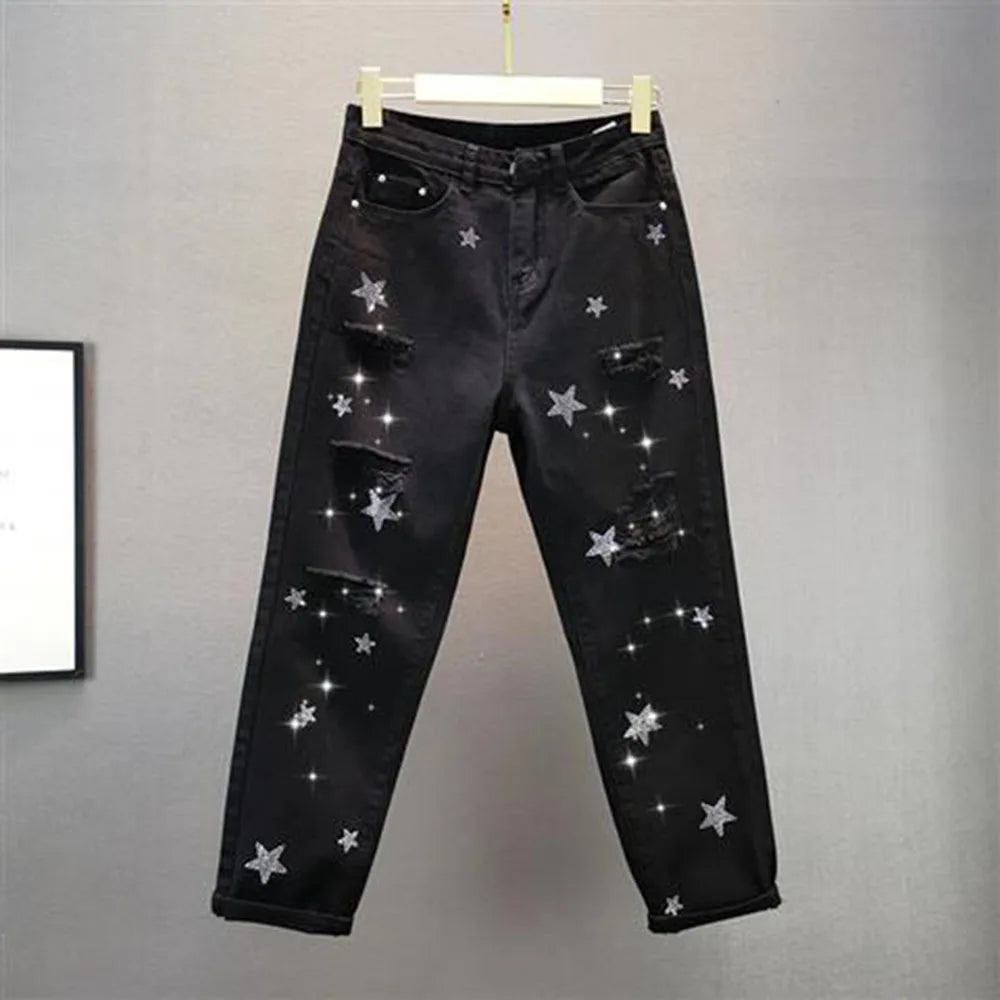 White Black Hole Summer Thin Baggy Jeans Women Streetwear Harajuku Pants Denim Trousers  Hot Drilling Pantalones Mujer