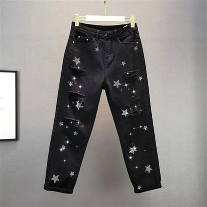 White Black Hole Summer Thin Baggy Jeans Women Streetwear Harajuku Pants Denim Trousers  Hot Drilling Pantalones Mujer