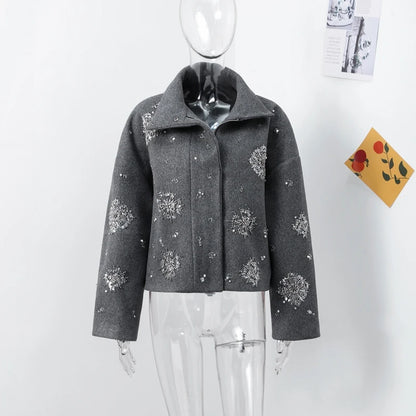 Street Women's Snowflake Beading Woolen Coat Elegant Stand Collar Zipper Full Sleeve Jacket 2024 Autumn Winter Lady Chic Outwear