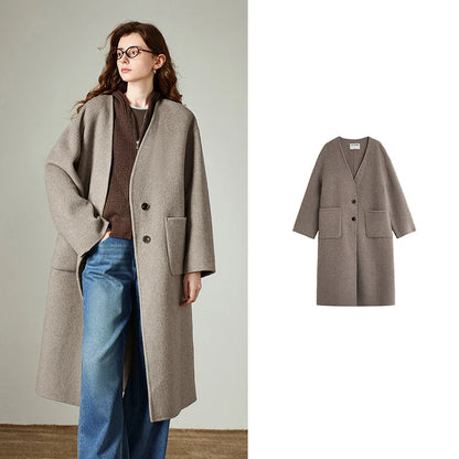 TOYOUTH Women Woolen Coat 2025 Winter New V Neck Mid Length Retro Female Overcoat Jacket Camel Black Gray