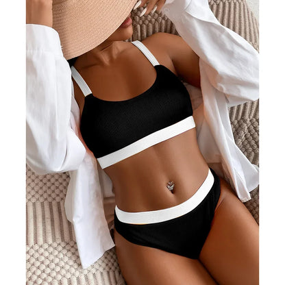 Custom LOGO women's clothing new special fabric threaded pit strip bikini color matching split swimsuit explosion