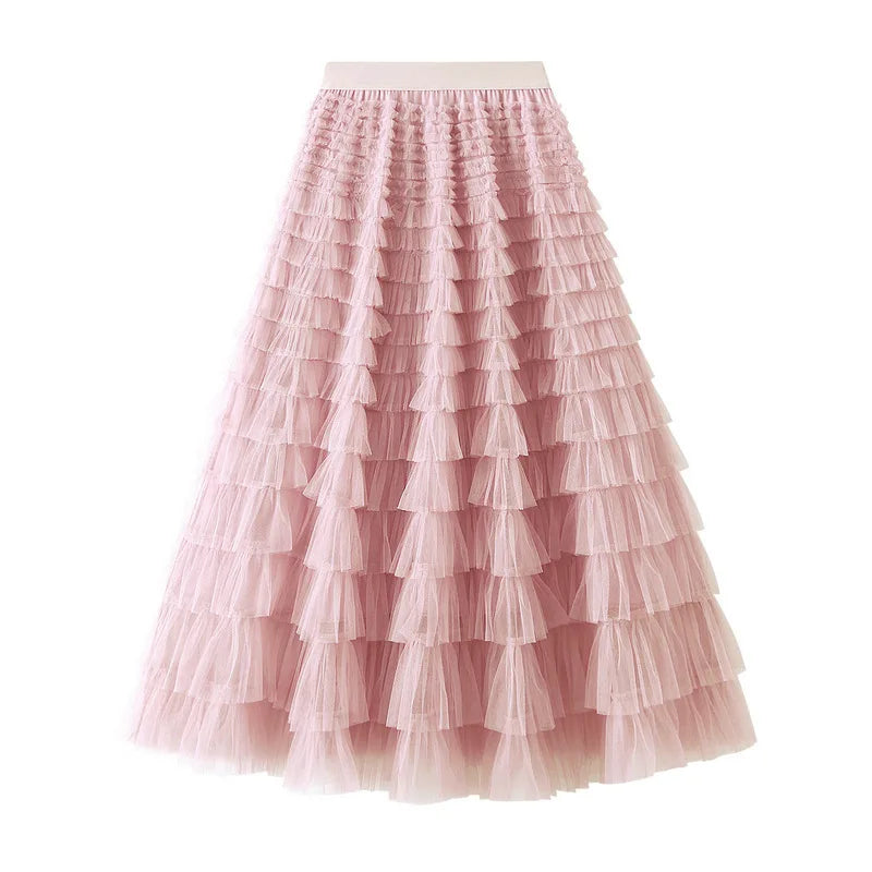 New Arrival 2025 Tulle Cake Long Skirt Women Spring Summer Ruffle Pleated A-Line Chic Skirt Ladies Sweet Black White Tutu Skirts
