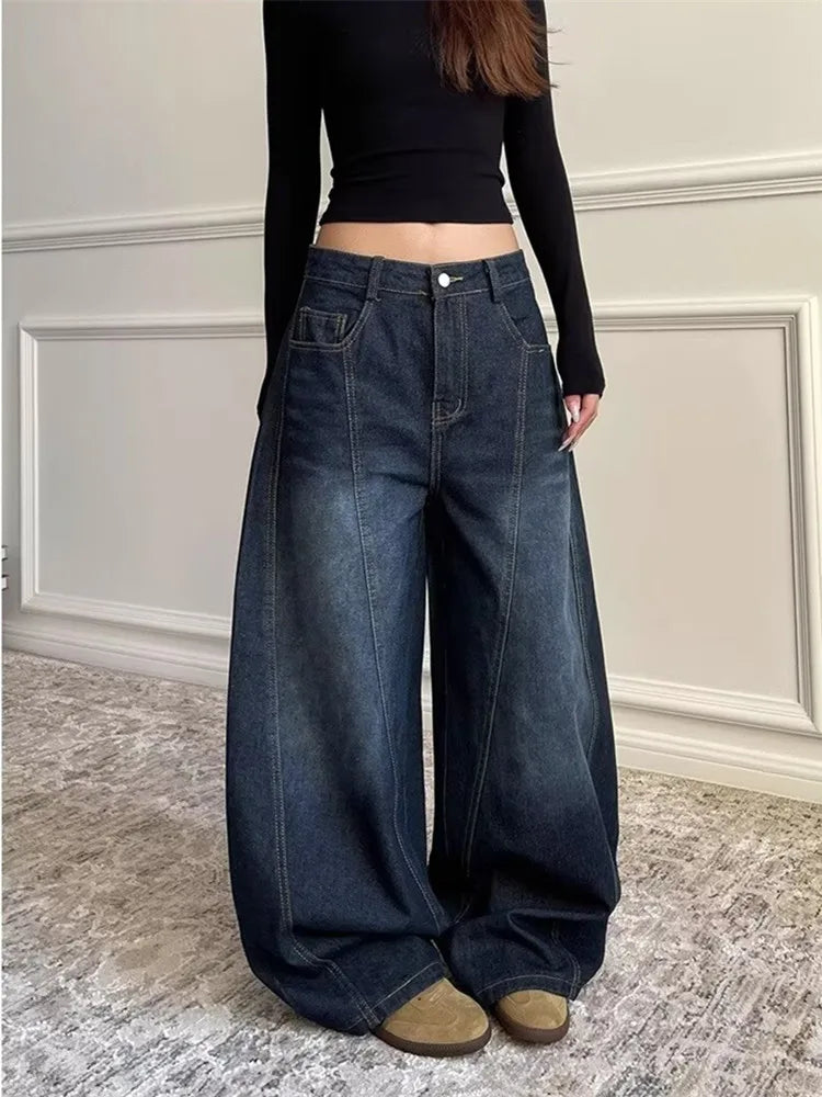 2025 Ropa Y2K Fashion Letter Embroidery Vintage Dark Blue Baggy Jeans Pants Women Clothing New Rock Wide Leg Lady Denim Trousers