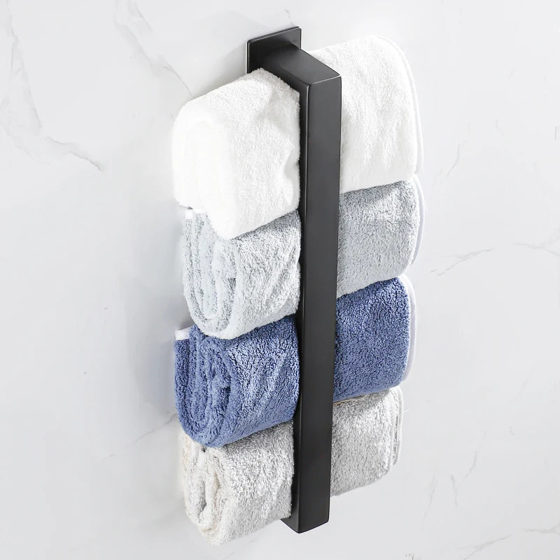 Black Stainless Steel Towel Holder No Drill Wall Shower Towel Shelf Kitchen Towel Hanger Rail Bathroom Towel Rack Self Adhesive