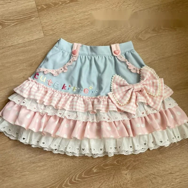 Lolita Print Tops Bow Cake Blouse Y2K JK Lolita Japan Kawaii Girl Cute Sweet Lace T-shirt A-line Spliced Cake Skirt New Chic